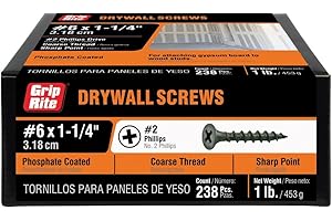 Grip-Rite 114CDWS1#6 X 1-1/4" Phillips Bugle Head Coarse Thread Sharp Point Drywall Screw, 1lb Box