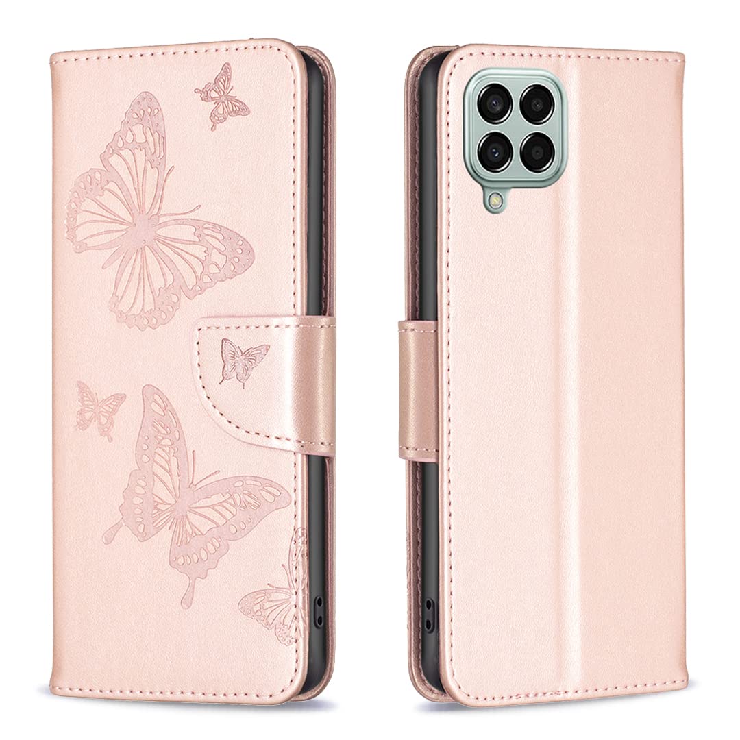 Samsung Galaxy A12 / M12 Case Shockproof, PU Leather Wallet Cover Butterfly with Stand Magnetic Card Holder Money Pouch Slim Folio Bumper Protective Phone Flip Case for Samsung A12 / M12 Rose Gold