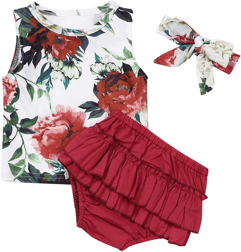 Infant Toddler Baby Girl Clothes Solid Color Ruffle Dress Bloomer Headband Summer Sundress Outfit