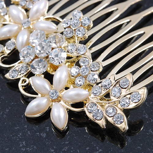 Bridal/ Wedding/ Prom/ Party Gold Plated Clear Crystal and Light Cream Simulated Pearl Floral Hair Comb - 50mm