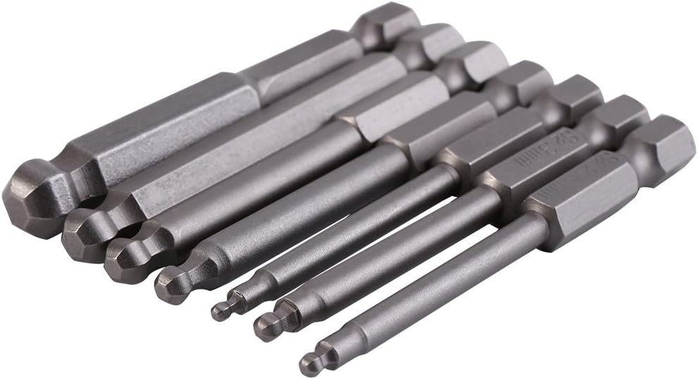 7-Piece 1/4 Inch Hex Shank Ball-Head Screwdriver Bit Set including Magnetic Allen Wrench Tips, Sizes 2-8mm, 65mm Length