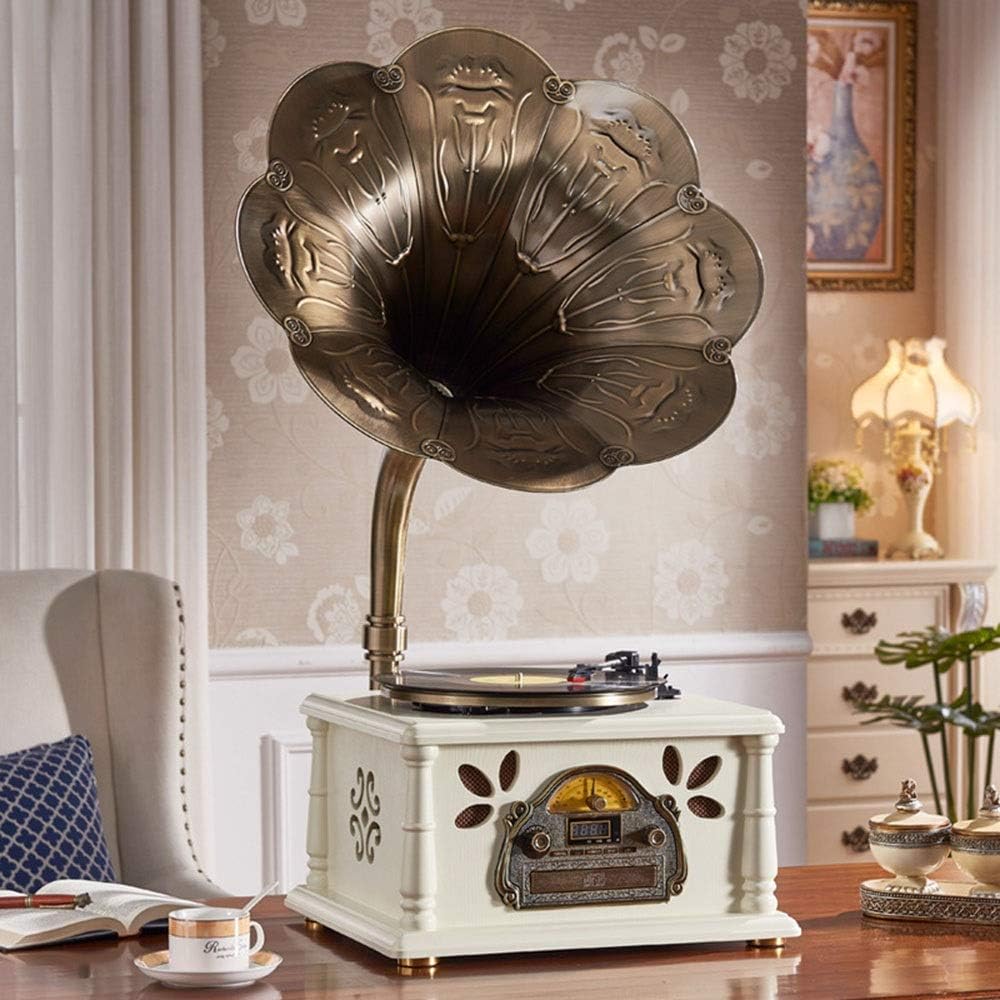 QYH White Europeanstyle Retro Big Horn Gramophone Retro Vinyl Record