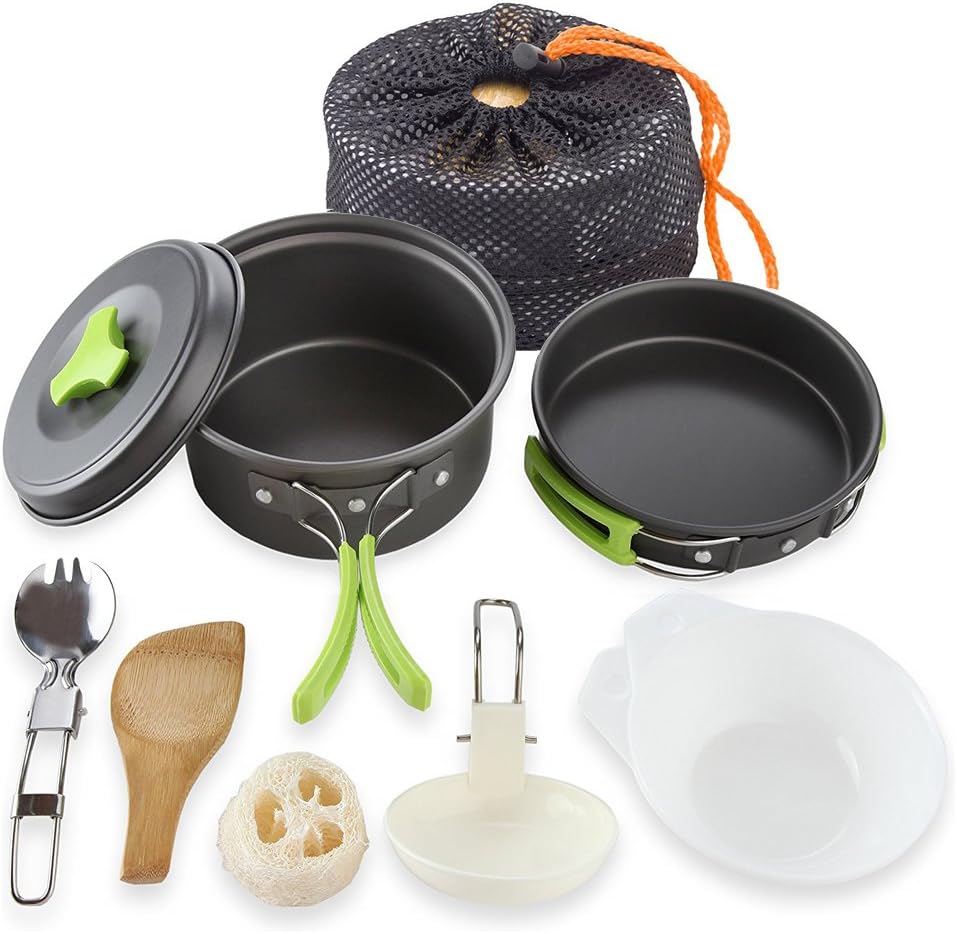 PANOEAGLE Camping Cookware Set for 1 to 2 Persons Portable Campfire Cook Kit 10 PCS Bowls Utensil Pot Pan Set