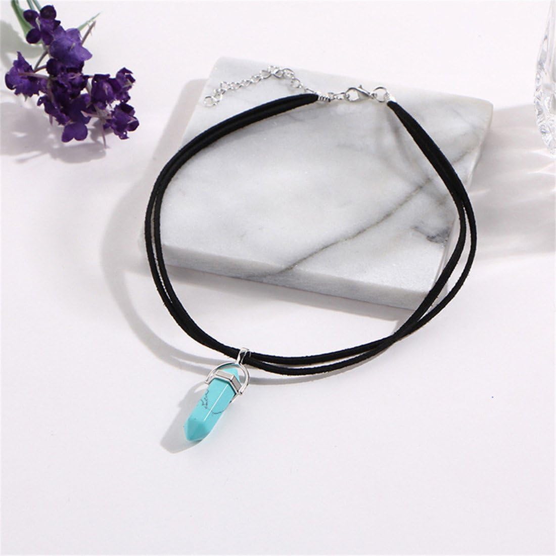 UINKE Hexagonal Chakra Energy Pendant Crystal Leather Necklace Choker Sweater Chain for Women,Green