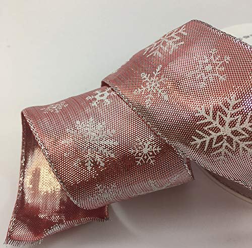 Wire edge baby pink lurex glamour ribbon with white snowflake design 40mm x 1M cut from roll