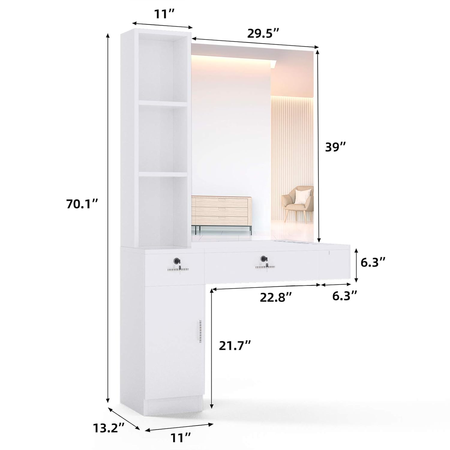 NURXIOVO Barber Station w/Mirror, Hair Tools Collector Salon Equipment Organizer Wall Mount Styling Table Beauty Facial Spa Cabinet w/Appliance Holders, Shelf, Lockable Drawers (Left Shelf): Beauty