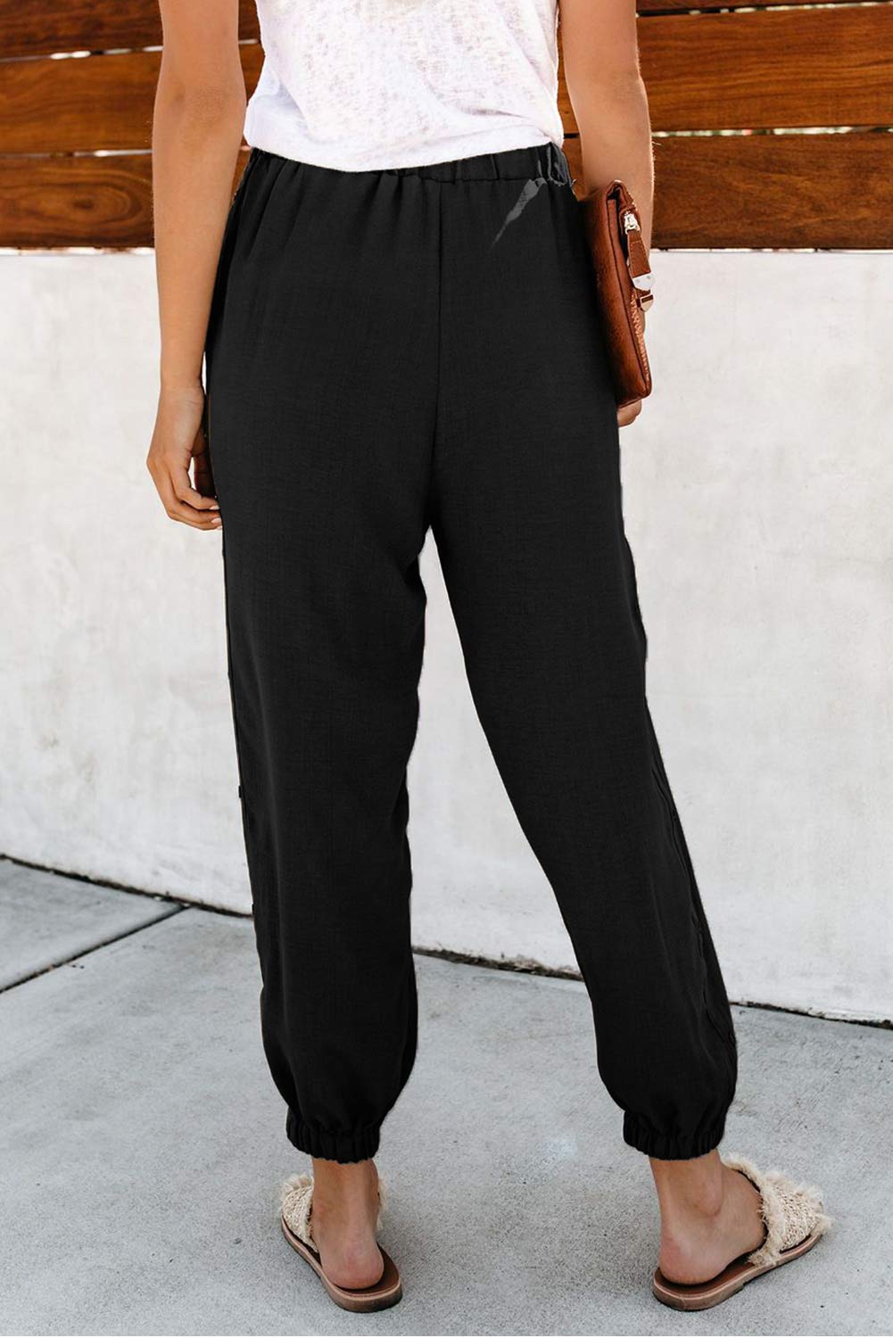 NEWFANGLE Women\'s Linen Casual Pants Drawstring Elastic Waist with Pockets Solid Comfy Loose Fit Trousers,Black,S