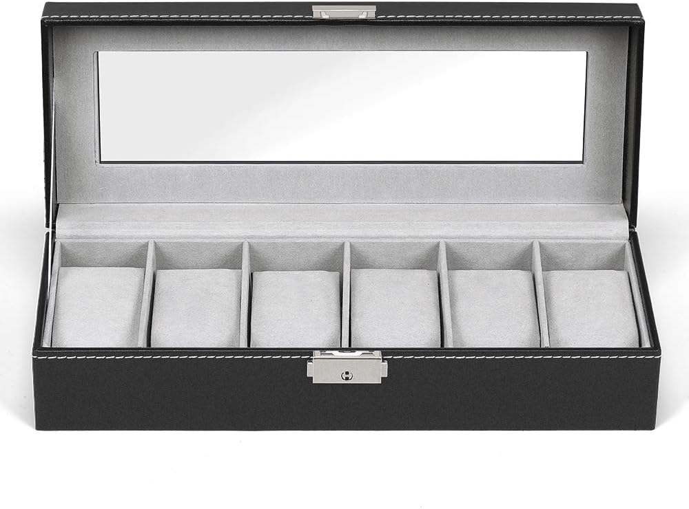 NEX 6 Slot Leather Watch Box Display Case Organizer Glass Jewelry Storage Black: Home & Kitchen