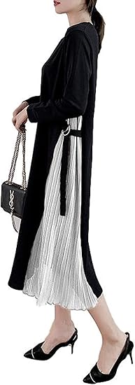 Amazon Co Jp スリーピングシープ サイド プリーツ が おしゃれ 可愛い ドッキングワンピース ロング ワンピース マキシ丈 クールネック 長袖 ベルト シフォンスカート 服 ファッション小物