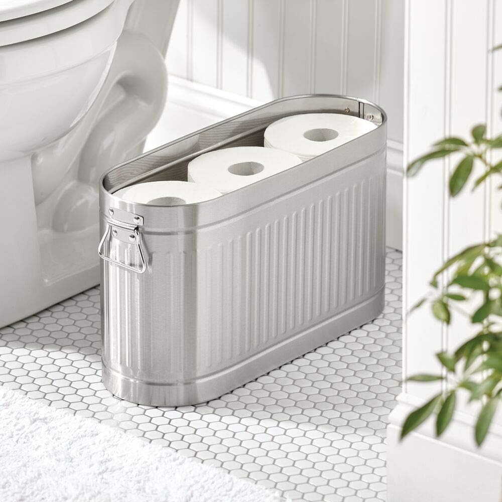 mDesign Retro Vintage Farmhouse Decorative Metal Toilet Paper Holder Stand with Large Capacity Storage for 6 Rolls of Toilet Tissue - Container for Bathroom/Powder Rooms - Holds Mega Rolls - Brushed: Home & Kitchen