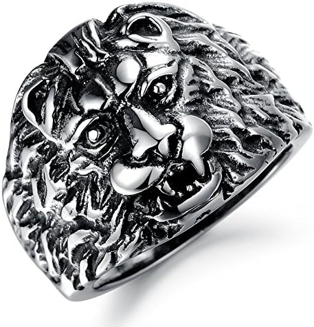 Kardiar Men's 316L Stainless Steel Lion Head Vintage Biker Ring Silver Black Size 10