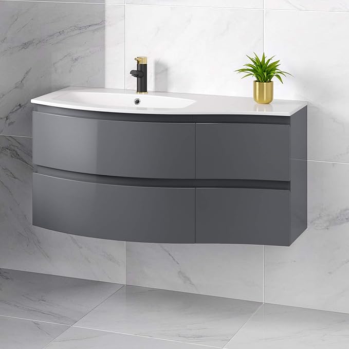Modern Wall Hung Left Hand Curved Vanity Storage Unit 1040mm Gloss Grey Bathroom Amazon.co.uk