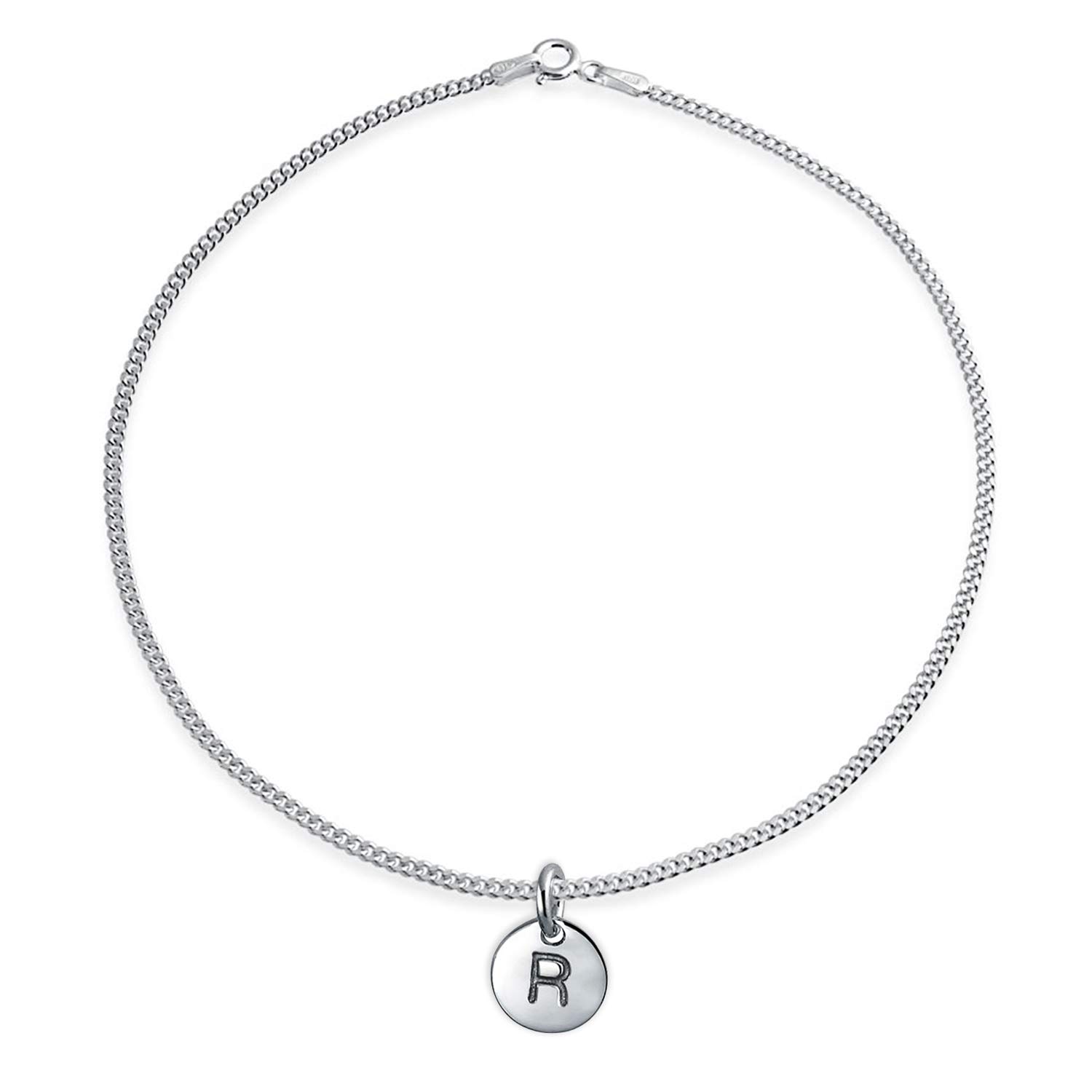 Bling Jewelry Tiny Minimalist ABC Round Disc Block Letter Alphabet R Initial Anklet For Teen For Women .925 Sterling Silver 10 Inch