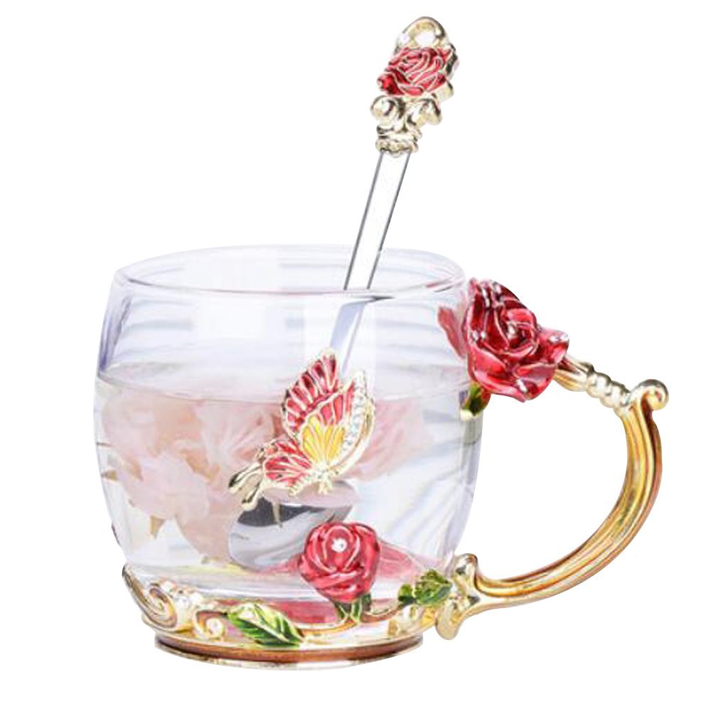 YBK Tech Kreative Blume Glasbecher, Kristallklares Glas Teetasse- Rote Rose, Kurz (320ml)