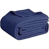 100% Cotton Blankets Queen Size for Bed - Waffle Weave Blankets for Summer, Lightweight and Breathable Soft Woven Blanket for Spring, White, 90x90 Inches (Navy, Queen (90" x 90"))