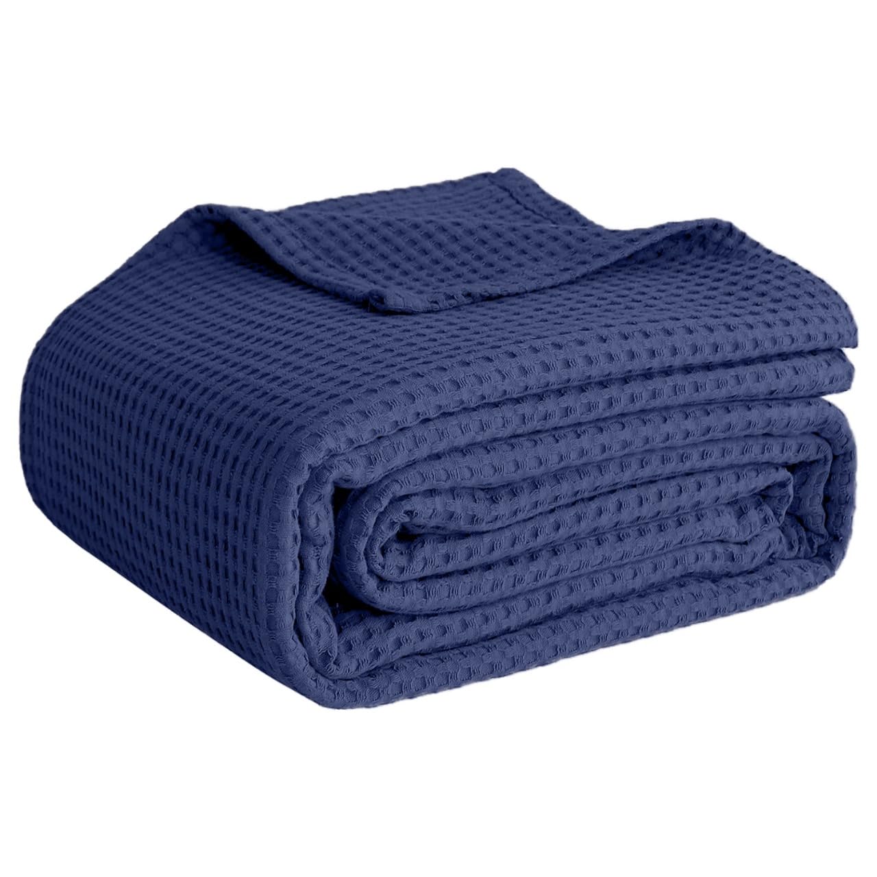 Photo 1 of 100% Cotton Blankets for Bed - Waffle Weave Blankets for Summer, Lightweight and Breathable Soft Woven Blanket for Spring (Navy, Queen (90" x 90"))