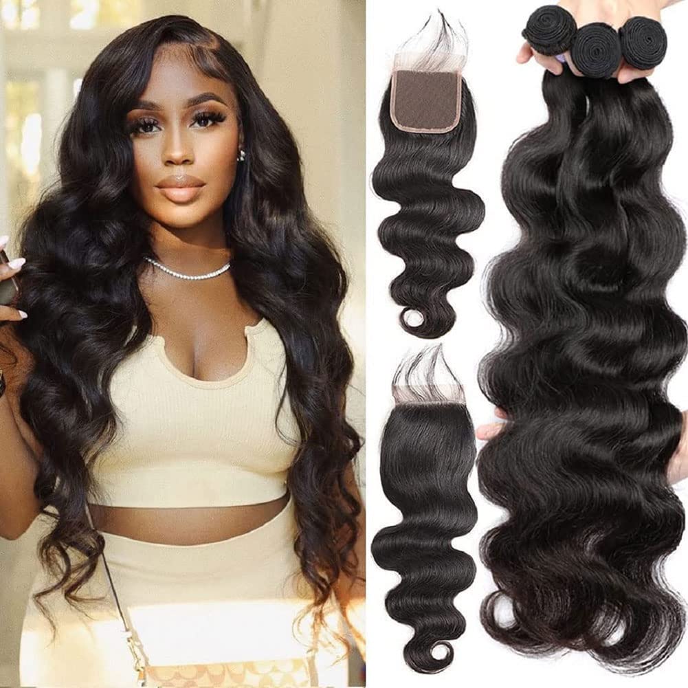 10A Body Wave Human Hair Bundles with Closure(26 28 30+22) Brazilian Body Wave Bundles with Closure Human Hair HD Lace 100% Unprocessed 3 Bundles Virgin Hair Weave Bundles Human Hair with Closure — image 1