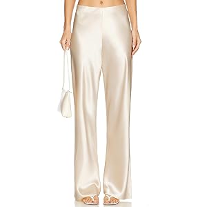 Skrtimory Women's Satin Wide Leg Dress Pants Hidden Elasticized Waistband Silk Casual Long Flowy Loose Trousers