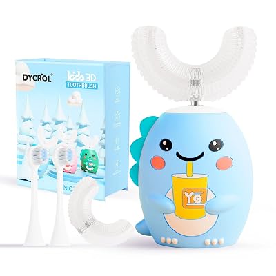 DYCROL Kids U Shaped Electric Toothbrush with 4 Brush Heads, Sonic Toothbrush Kids with 5 Modes, Cartoon Dinosaur 360-Degree Cleaning IPX7 Waterproof Design (2-6 Age (Blue))