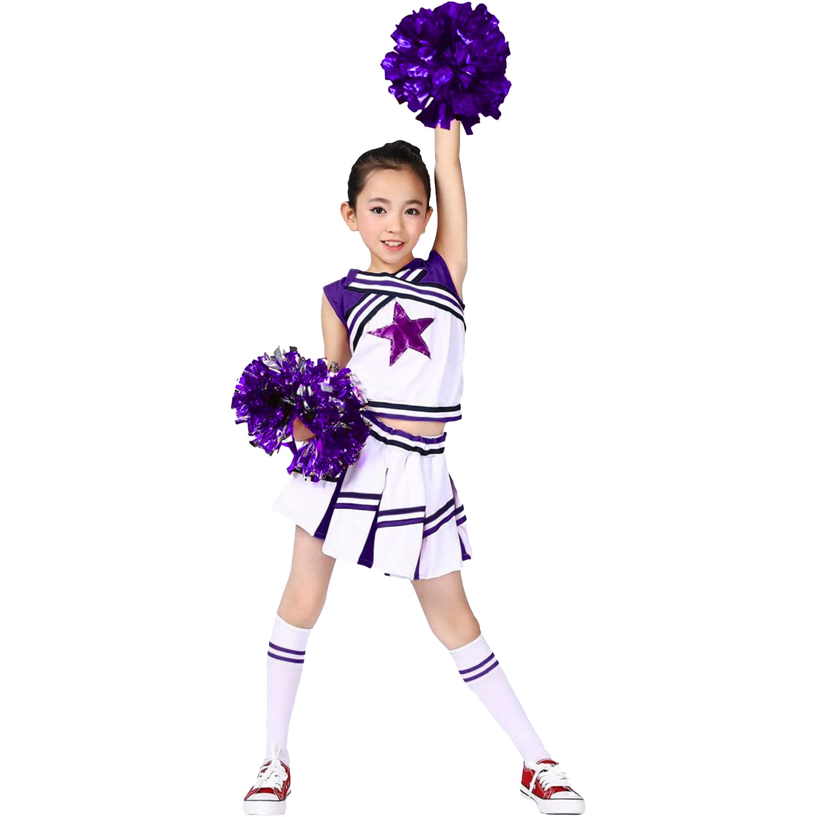 LOLANTA Girls' Cheerleading Costumes with Pompoms and Socks, Kids Halloween Fancy Dress Up, Cheerleader Outfit, Purple, 4-5 Years, 110 — image 1