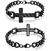 Saintda American Flag Cross Bracelet for Men Women, Bible Verse Jesus Bracelets Black Stainless Steel Cuban Chain Adjustable Christian Baptism Religious Jewelry Gift for Him