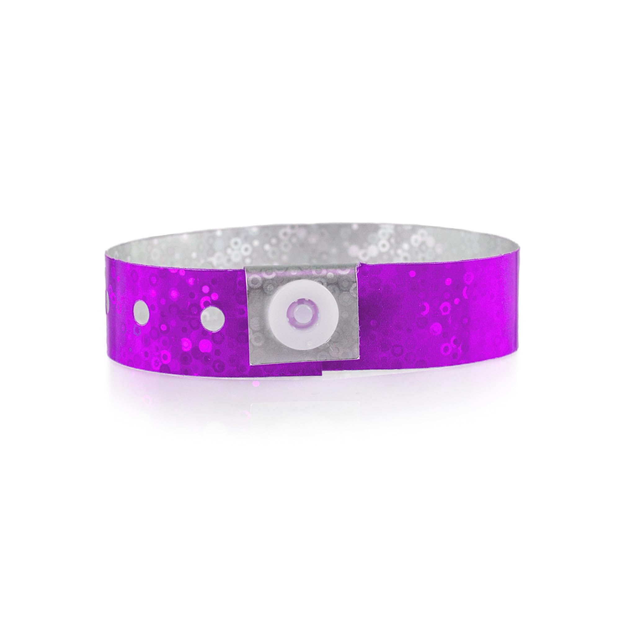WristCo Premium Holographic Purple Plastic Secure Snap Wristbands,100 Count 5/8"x10", Tearproof, Wrist Bands used at Waterparks Concerts Festivals Conferences for Security Admission