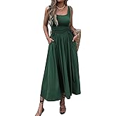 Mieazom Women’s Boho Summer Maxi Dress with Pockets, Adjustable Waist, Sleeveless Casual Ruched Sundress for Beach Vacation