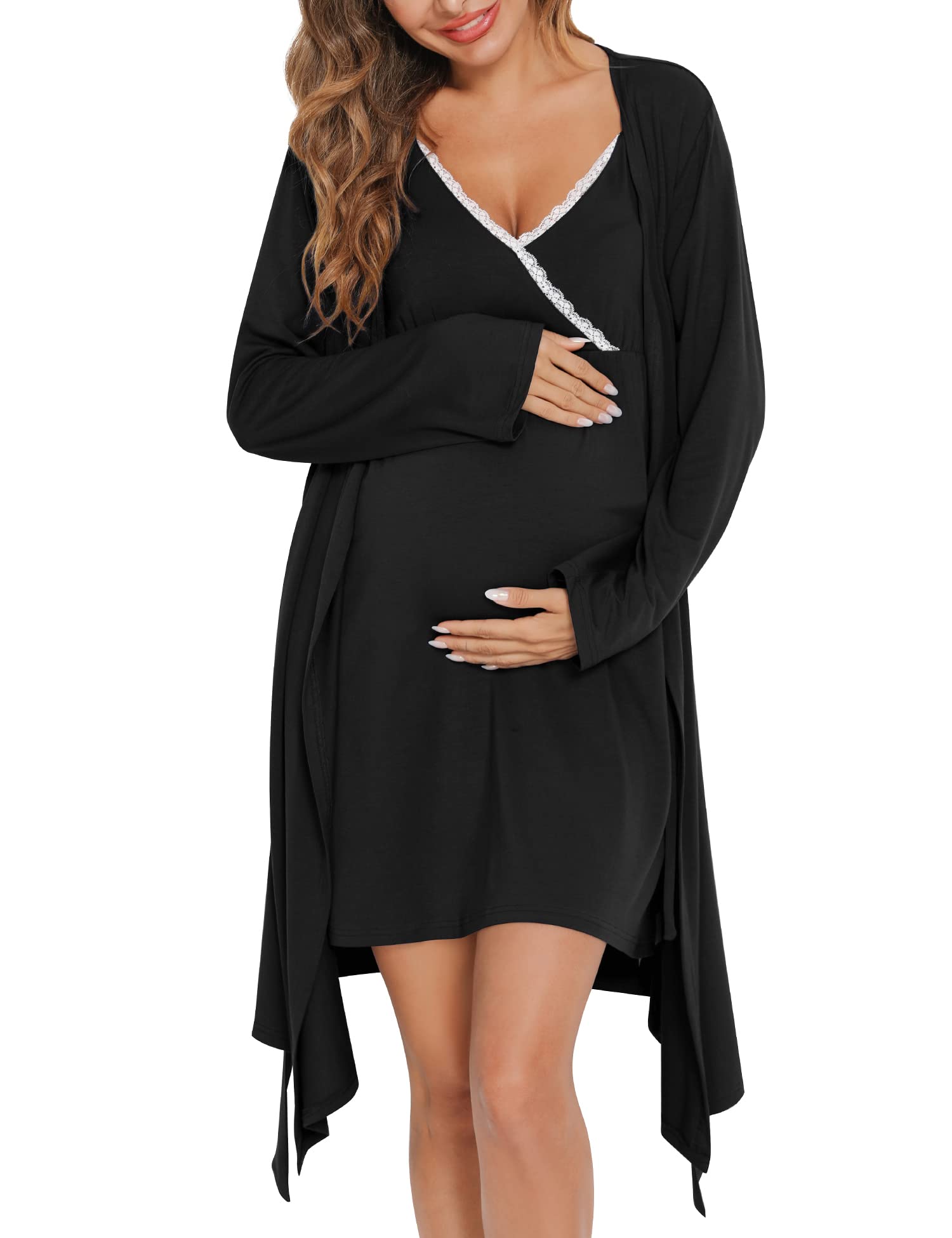 Photo 1 of SWOMOG Womens Maternity Robe 2PCS Nursing Nightgown for Breastfeeding 3 in 1 Labor Delivery Nursing Robe Set Lace Bathrobe Black