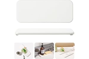 WALL QMER Fast Drying Stone Soap Tray, 9.9'' × 4'' Stone Drying Tray & Toothbrush Holders for Bathroom Counter, Diatomaceous Earth Water Absorbing Stone Tray for Sink, White