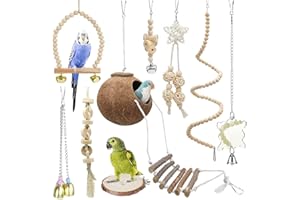 TOLMIOW 9-Piece Parrots Chewing Toy Set - Natural Wood & Rope Bungee Toys for Anchovies, Coconut Hideaway with Ladder, Bird Perch Stand, Cage Accessories for Parakeets, Cockatiel, Conure, Mynah, Macaw