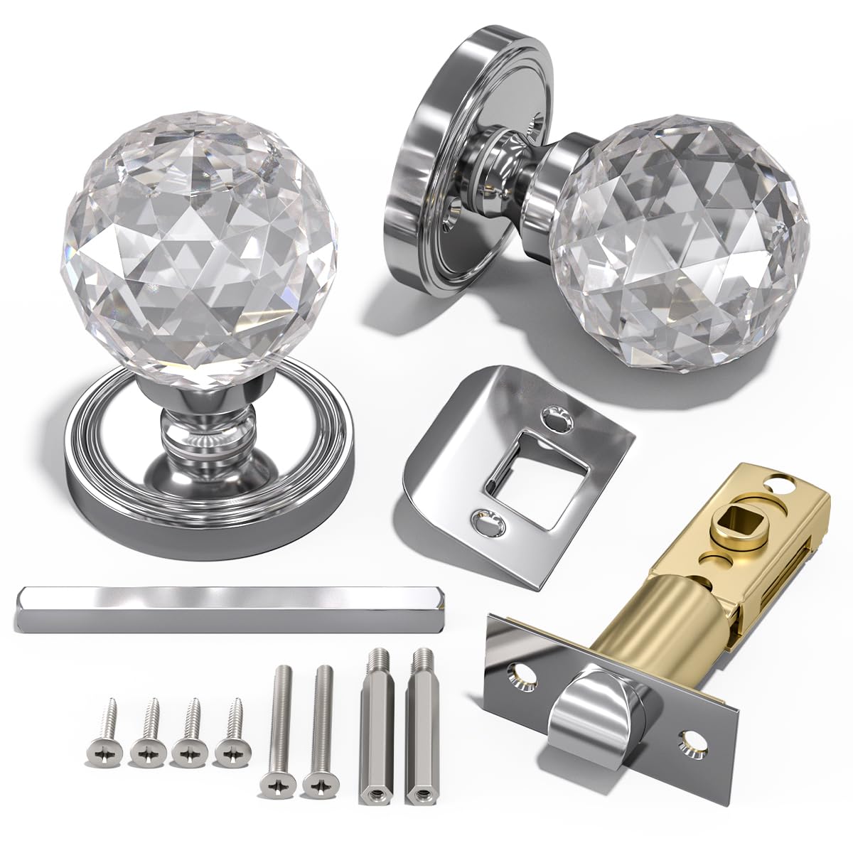 Bwintech 1 Pair Brushed Chrome Solid Crystal Door Knobs, 65mm Palace Style Crystal Internal Door Handle with Latch and DIY Screw Kit for Passage, Bedroom, Hallway