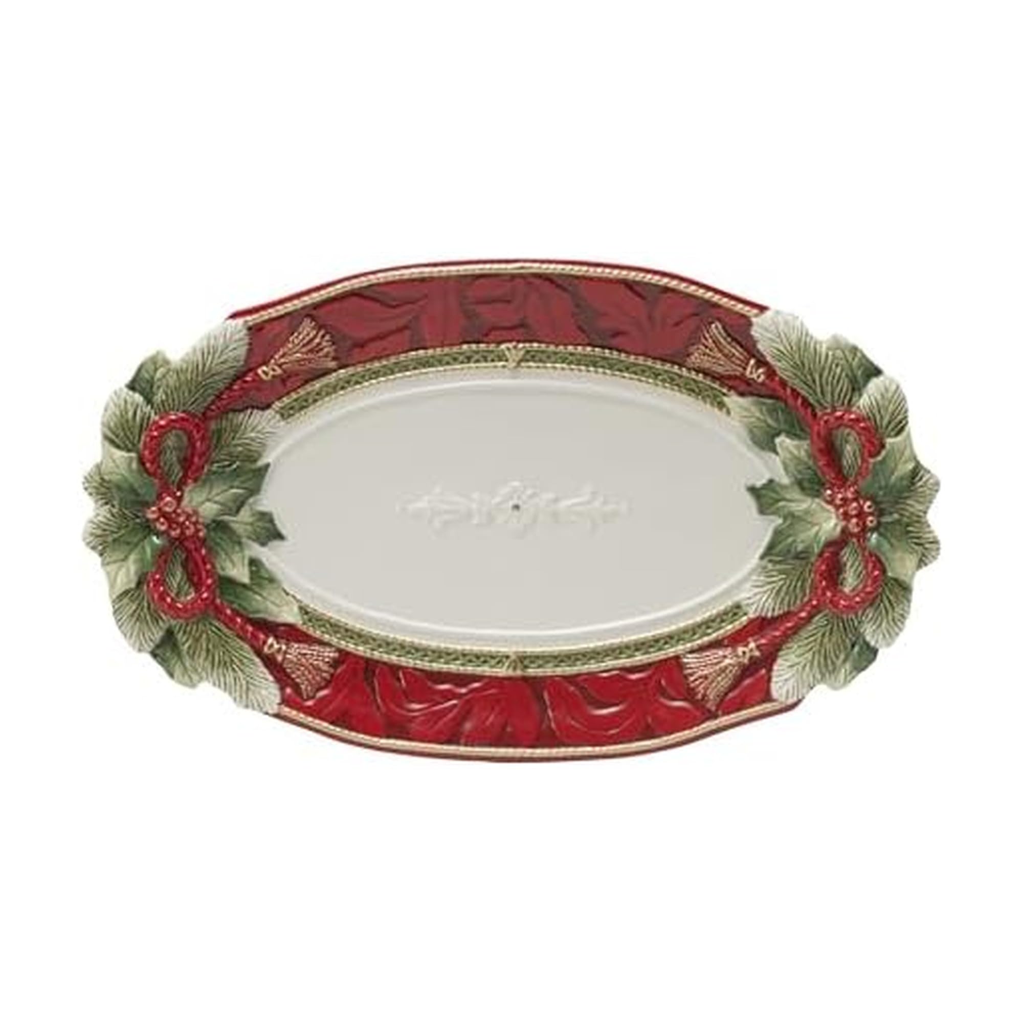 Fitz and Floyd Holiday Home Poinsettia Trim Serving Platter, 17 inch, Red