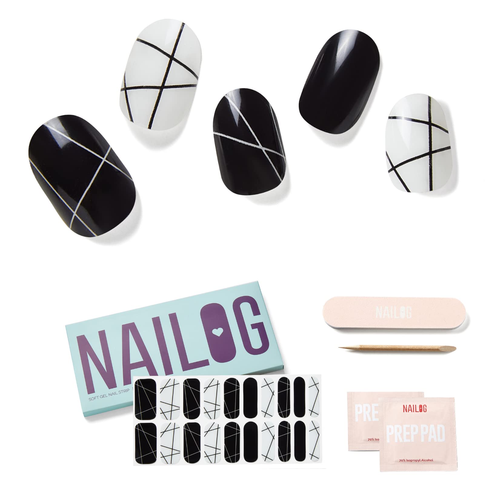NAILOG Semi Cured Gel Nail Strips, Extra Long Nail Polish Strips (20 Pieces), Long Lasting Semi Cured Nail Stickers with Soft Glossy Gel Finish, B&W Composition