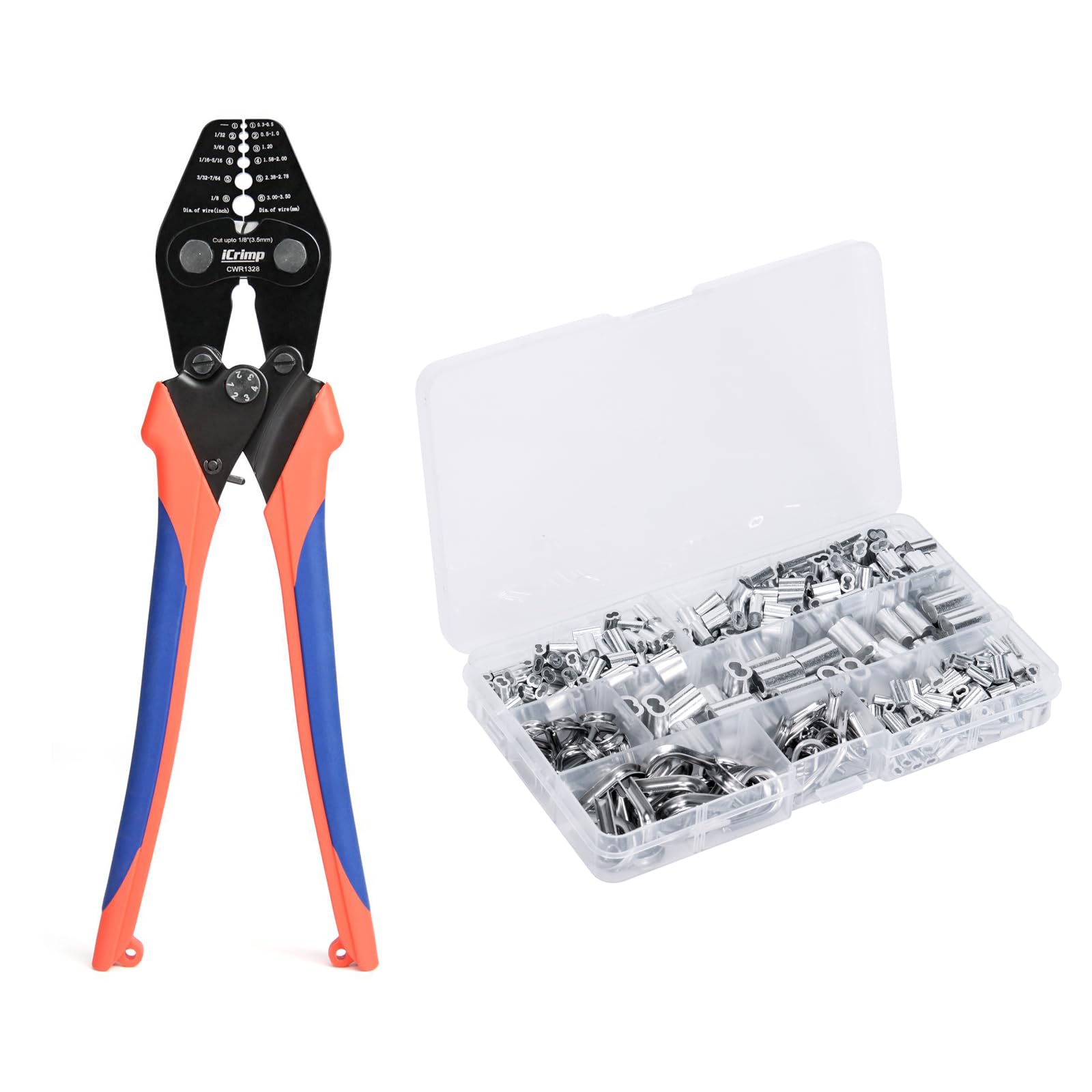 iCrimp CWR1328 Wire Rope Crimping Tool Set with Cutter, 375pcs Aluminum Sleeves for 0.3-3.5mm Wire Rope Oval Sleeves and Wire End Ferrules