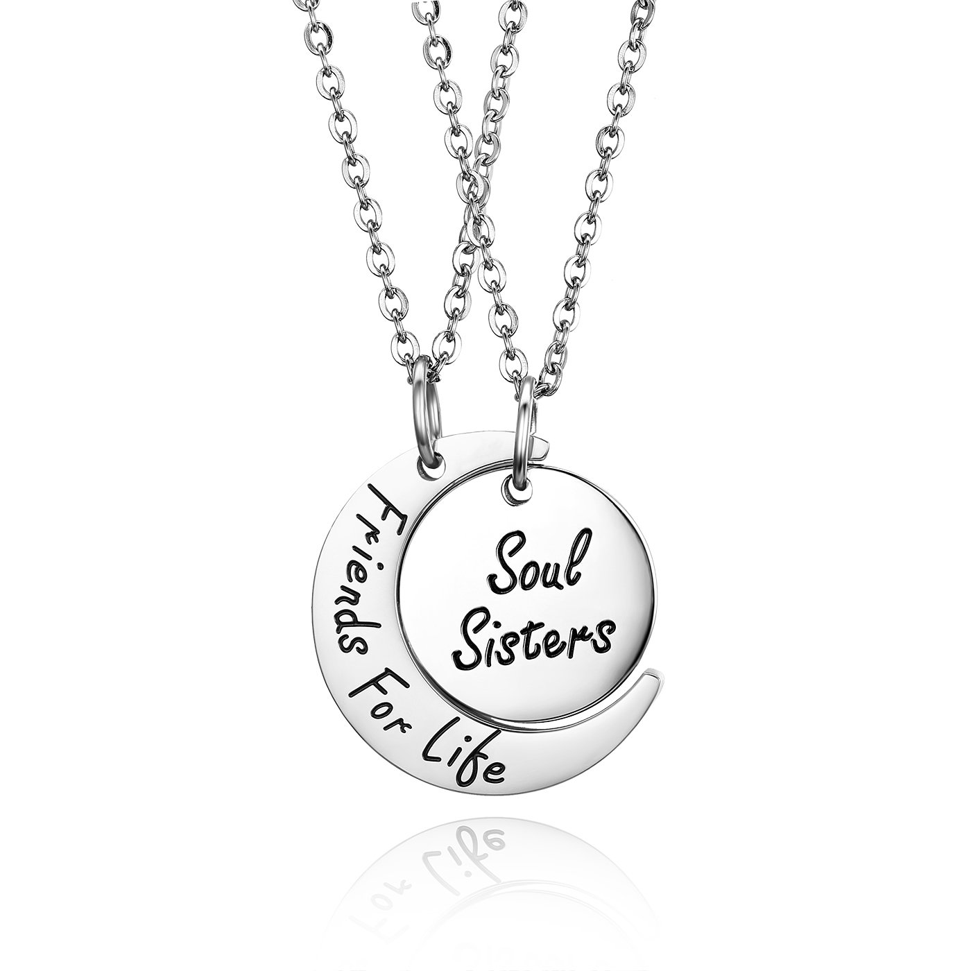 JewelryWe 2PCS Friendship Necklaces Best Friends/Couples Necklace Friends for Like/Soul Sisters Engraving Stainless Steel Moon Round Pendant Chain,Silver