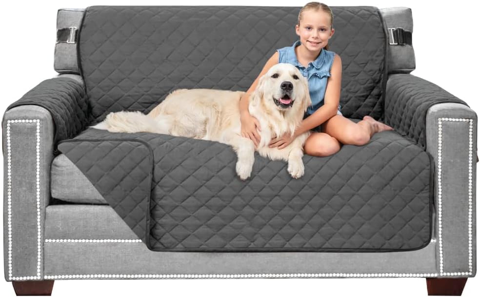 Slipcovers - Sofa Shield Patented Loveseat Slip Cover, Large Cushion Protector, Reversible Stain and Dog Tear Resistant Slipcover, Quilted Microfiber 54” Seat, Washable Covers for Dogs Pets, Charcoal