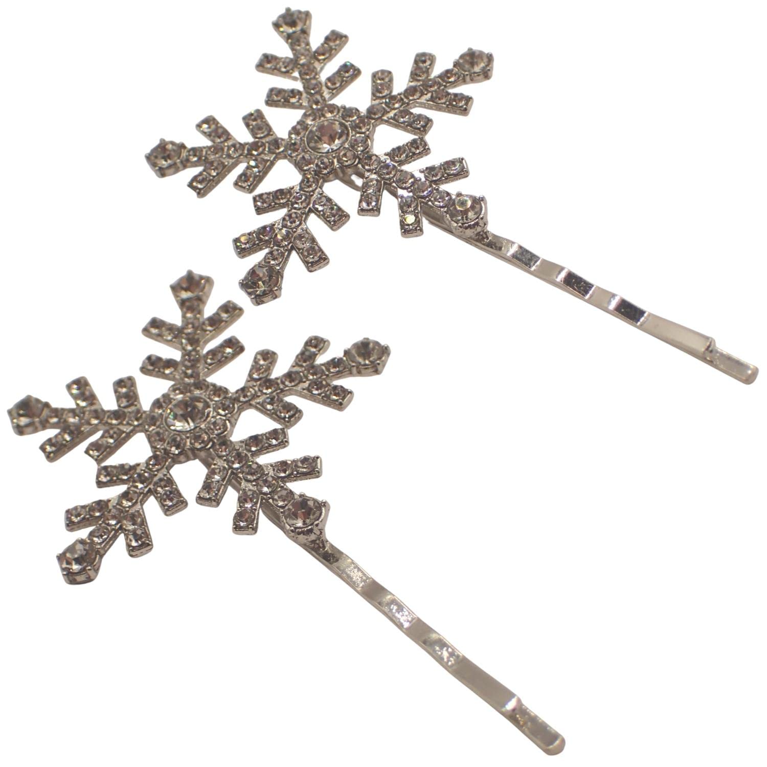 Topkids Accessories 2pc Rhinestone Christmas Hair Accessories Hair Grips - Hair Slides, Hair Slides for Women or Girls, Bridal Hair Accessories, Wedding Hair Accessories for Women (Silver Snowflake)
