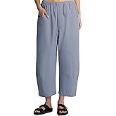 Lviefent Womens Wide Leg Barrel Pants Casual Elastic Waist Cotton Linen Ankle Length Trouser with Pockets (Dustyblue-L)