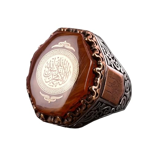 Men's 925 Sterling Silver Ring, Amber Created Stone, Islamic Ring