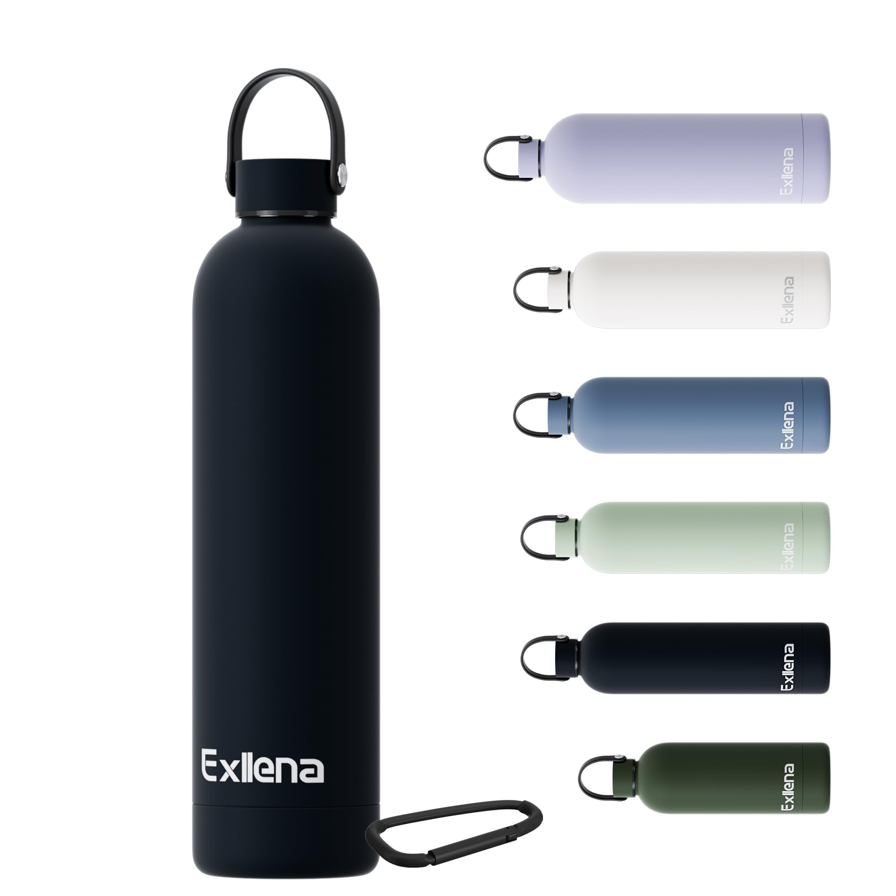 Exllena 750ml Water Bottles Metal with Handle Lid and Carabiner, Double Wall Vacuum Drinks Bottle Keeps Drinks Cold 24 Hrs/Hot 12 Hrs, Stainless Steel Water Bottle BPA Free(Black)