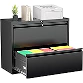 Greenvelly 2 Drawer File Cabinet, Black Lateral File Cabinet with Lock,Metal Filing Cabinet for Home Office, Lockable File Cabinets for Legal/Letter/A4/F4 Size with Hanging Files&amp;Key