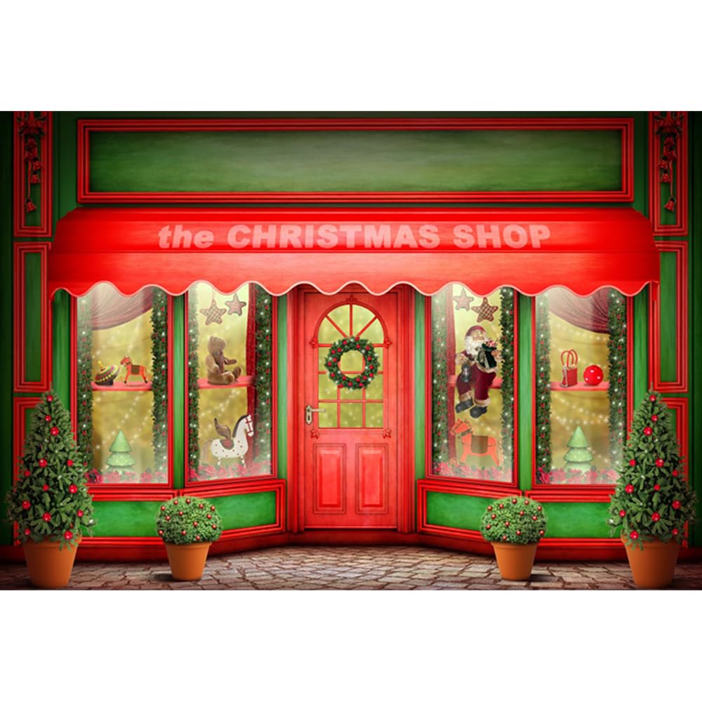 YongFoto 3x2m Photography Backdrop Red Christmas Shop Outdoor Decoration XMAS Trees Garland Photo Background Backdrops for Photography Photo Shoot Party Adults Kids Photo Video Studio Props Vinyl — image 1