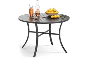 PHI VILLA Outdoor Round Dining Table for 4, 42" Large Metal Wrought Iron Table with Umbrella Hole, All Weather Dining Furniture for Patio, Deck, Yard, Porch - Black