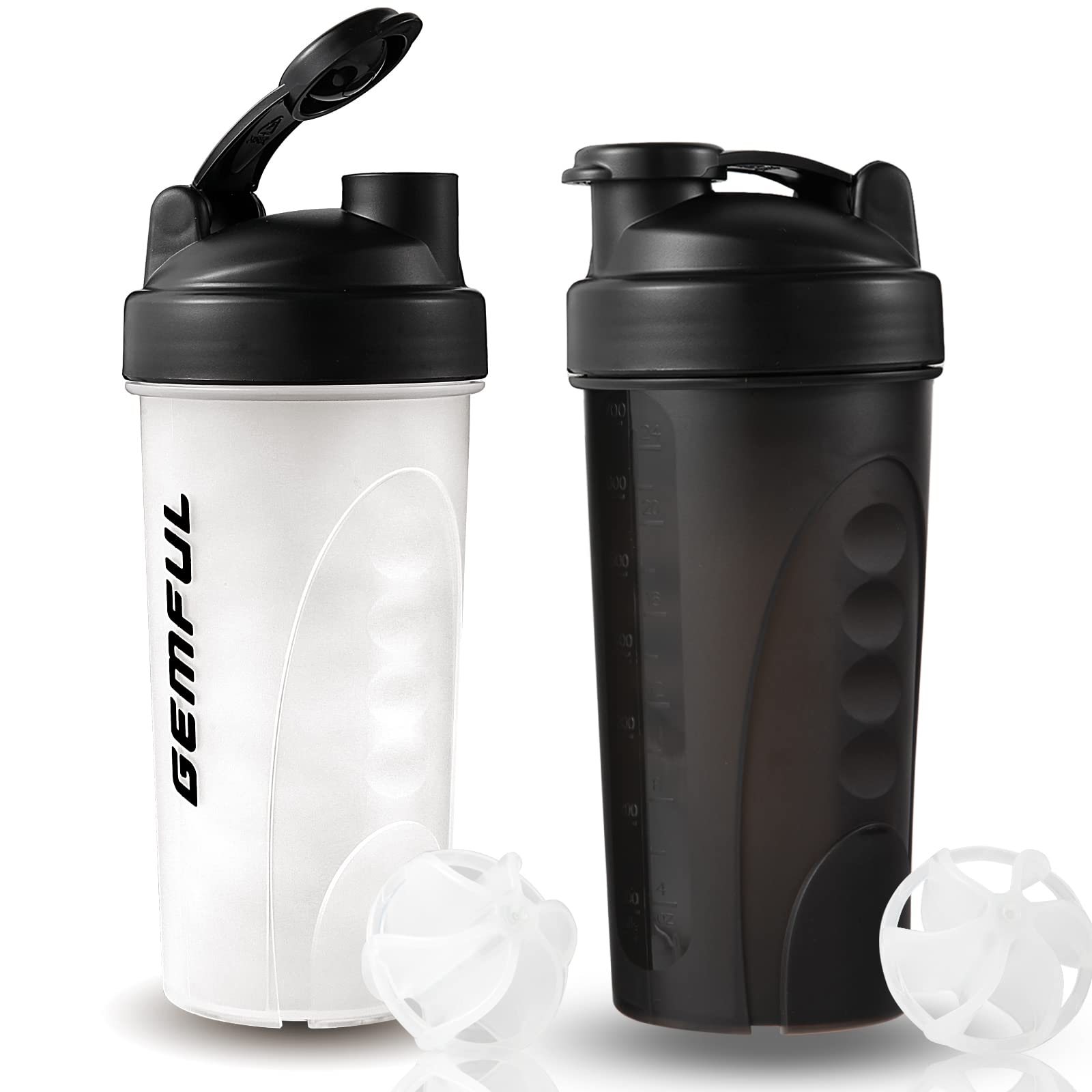 GEMFUL 750ml Protein Shaker Bottle 2-Pack, BPA-Free, Mixing ball included. Leakproof Design - Perfect for Protein Shakes, Smoothies, and Supplements(Black & White)