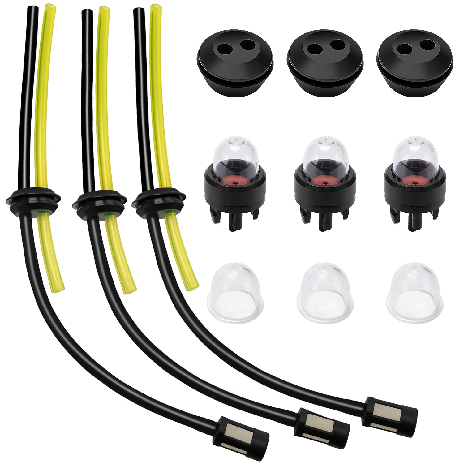 VooGenzek 3 Sets Fuel Line Mower Fitting Kit, Universal Grass Trimmer Fuel Line, Strimmer Fuel Pipe, Fuel Tank Seal Grommet, Primer Bulbs, for Brush Cutter, Trimmer, Mower Brush Cutter