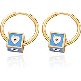 Gold Hoop Earrings For Women, with Cube Charms, Heart and Eye Design - Gold Plated Heart Hoop Earrings