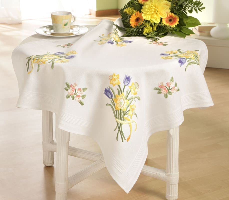 DECO-LINE Daffodil 80X80CM Printed Tablecloth Embroidery KIT, WHITE, 31.5 x 31.5 inch (Square)