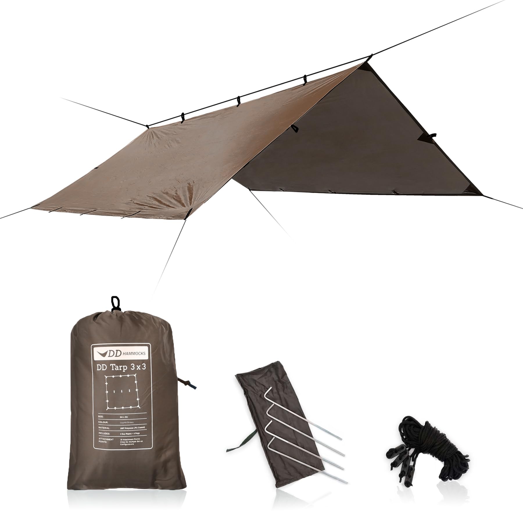 DD Hammocks - DD Tarp 3x3 - Coyote Brown - Lightweight and 100% Waterproof Tarp Tent with 4x Pegs and Guy Lines for Camping Scouts and Bushcraft Adventure