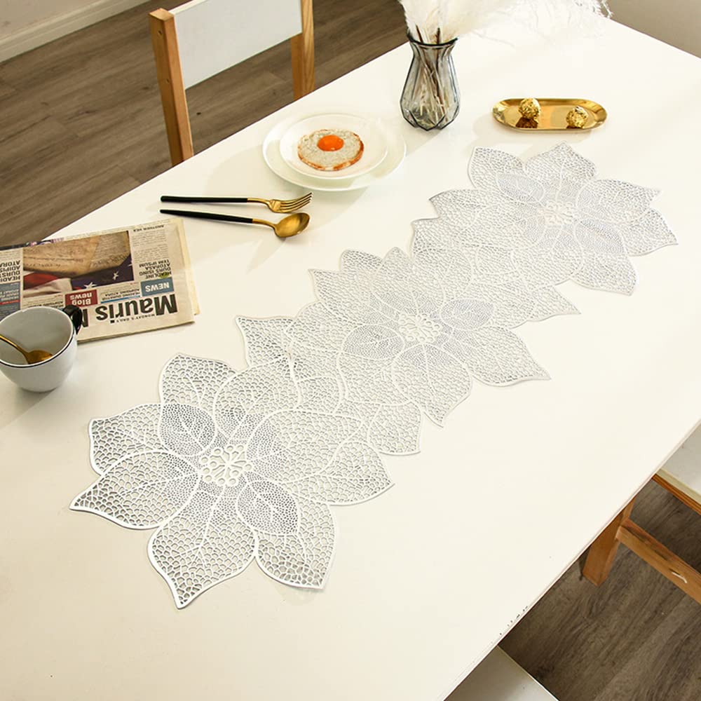 Hosoncovy PVC Hollow Table Runner Non-slip Flower Decorative Lotus Table Mats Placemat for Home Party Kitchen Dining Wedding Decor (Silver)