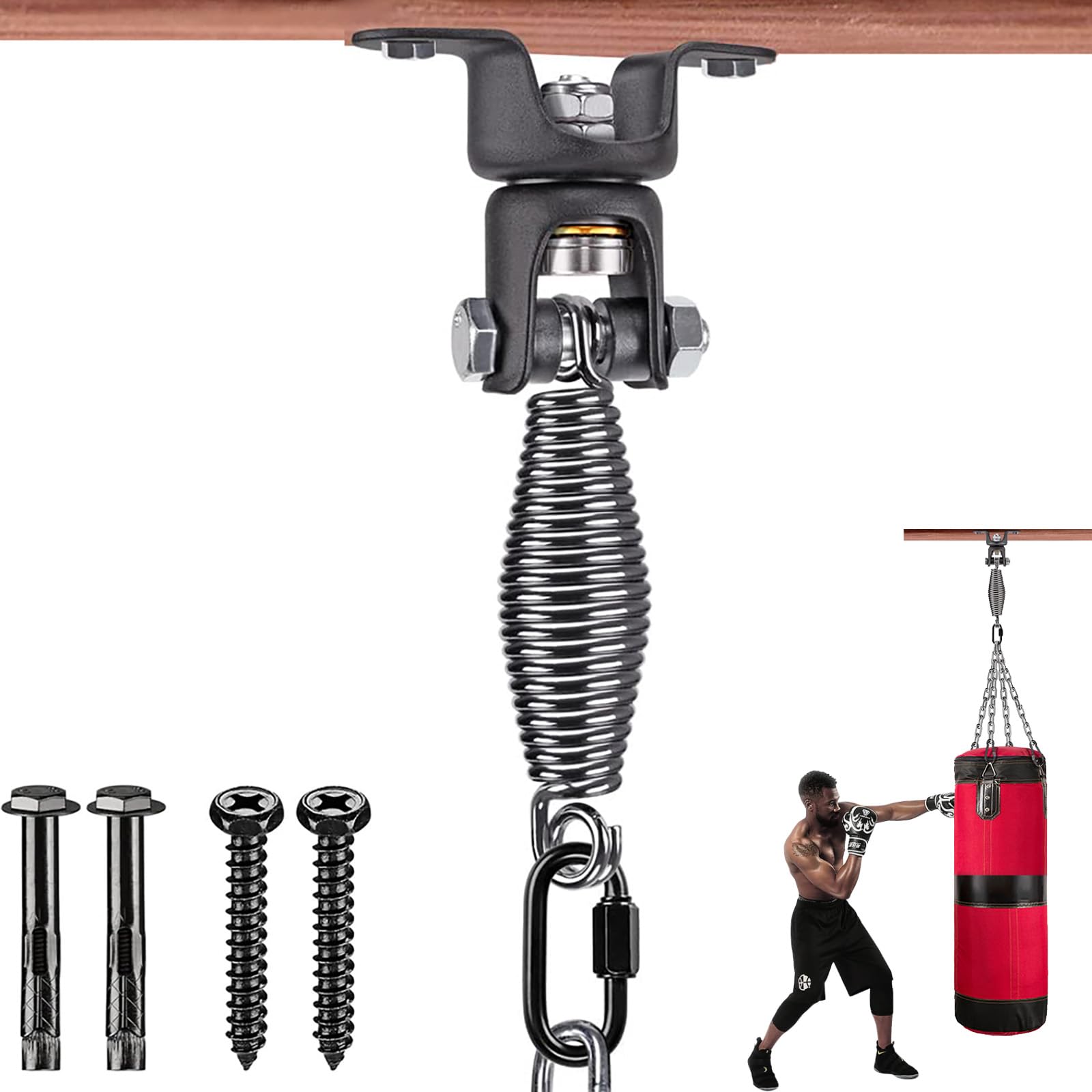 BeneLabel Swing Hanger Bearing, Heavy Duty Hammock Chair Hook 360 Swivel Punching Bag Ceiling Bracket Carabiner with 5mm Spring Yoga Rope/Aerail Hoop/Boxing Suspension Kit, 150lbs